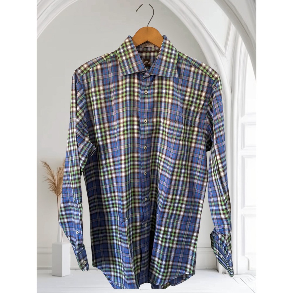 Peter Millar Mens Blue Green Plaid Cotton Button Down Shirt MF12D03 Medium